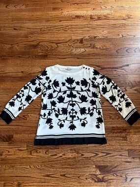 LOFT Black White Floral Print Sheer Blouse Size M